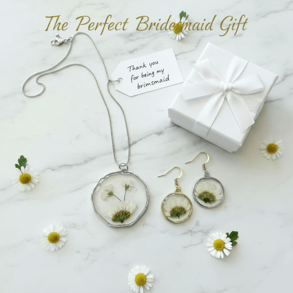 Daisy Resin Jewelry Set – Pressed Flower Necklace & Earrings - The Glossy Gift Shop
