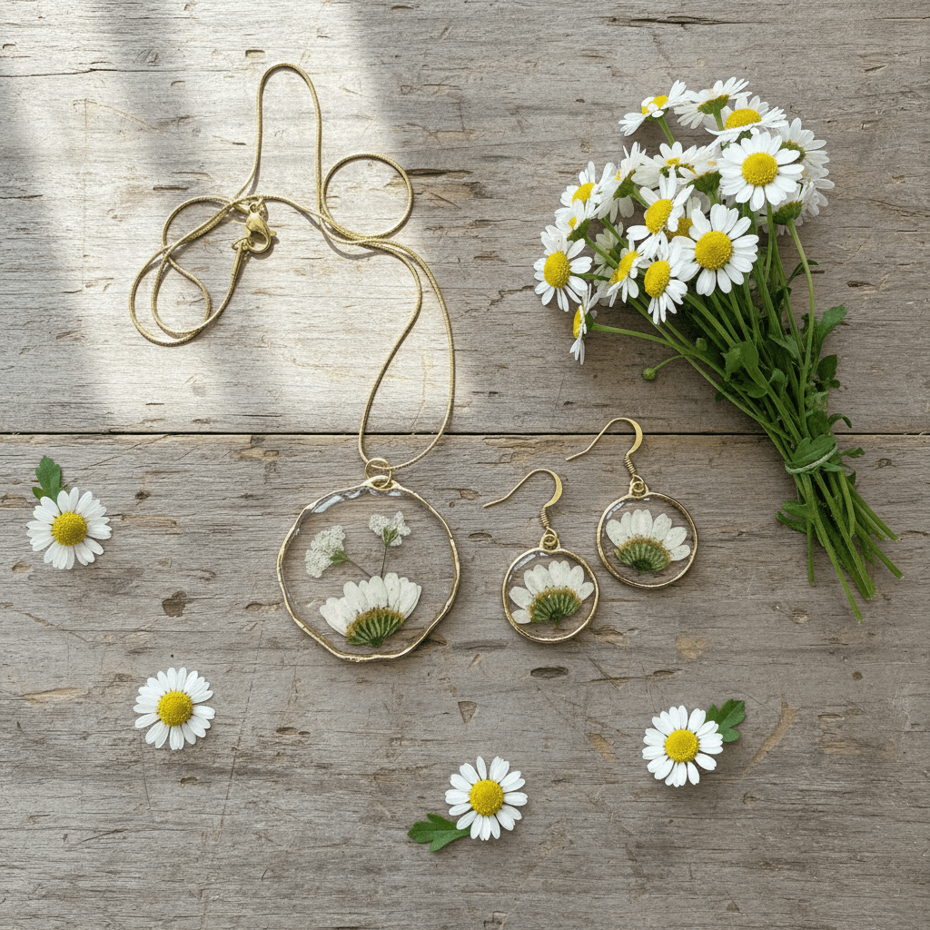 Daisy Resin Jewelry Set – Pressed Flower Necklace & Earrings - The Glossy Gift Shop