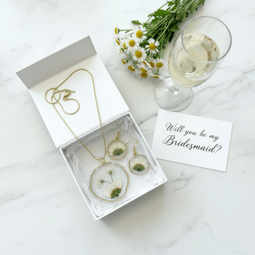 Daisy Resin Jewelry Set – Pressed Flower Necklace & Earrings - The Glossy Gift Shop