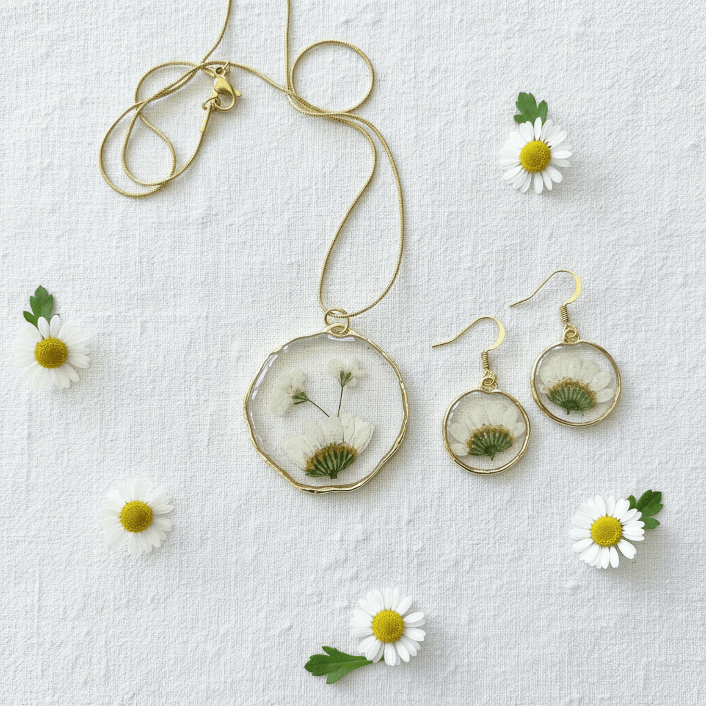 Daisy Resin Jewelry Set – Pressed Flower Necklace & Earrings - The Glossy Gift Shop
