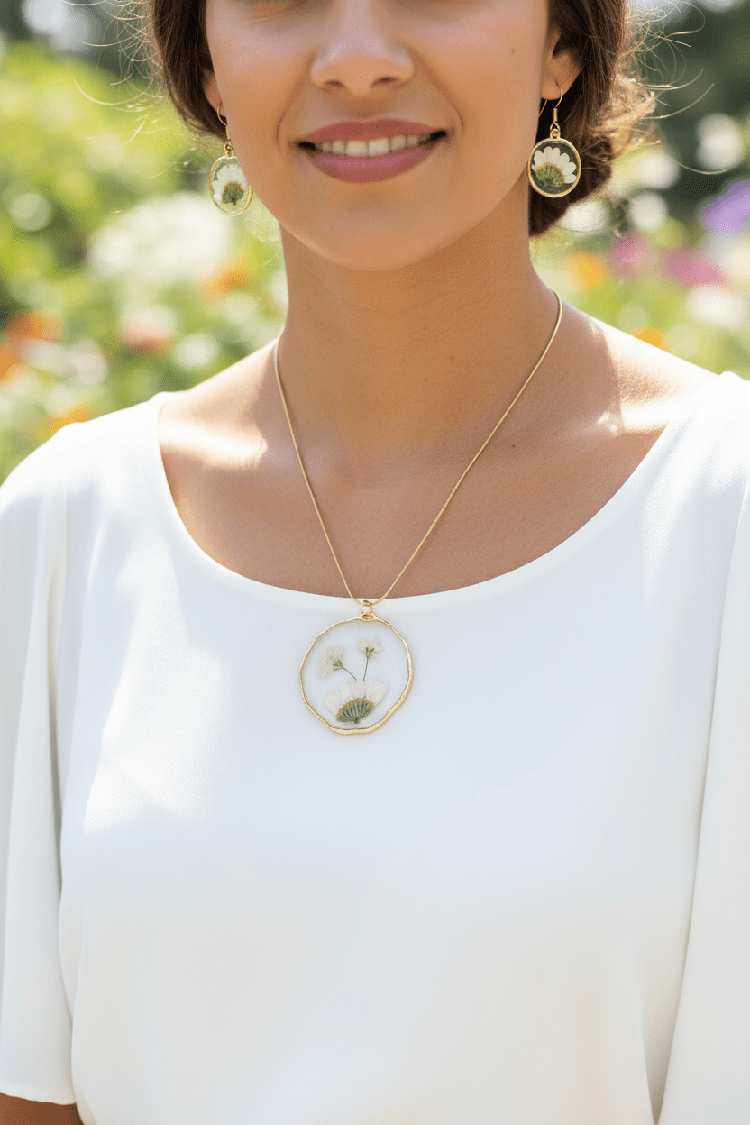 Daisy Resin Jewelry Set – Pressed Flower Necklace & Earrings - The Glossy Gift Shop