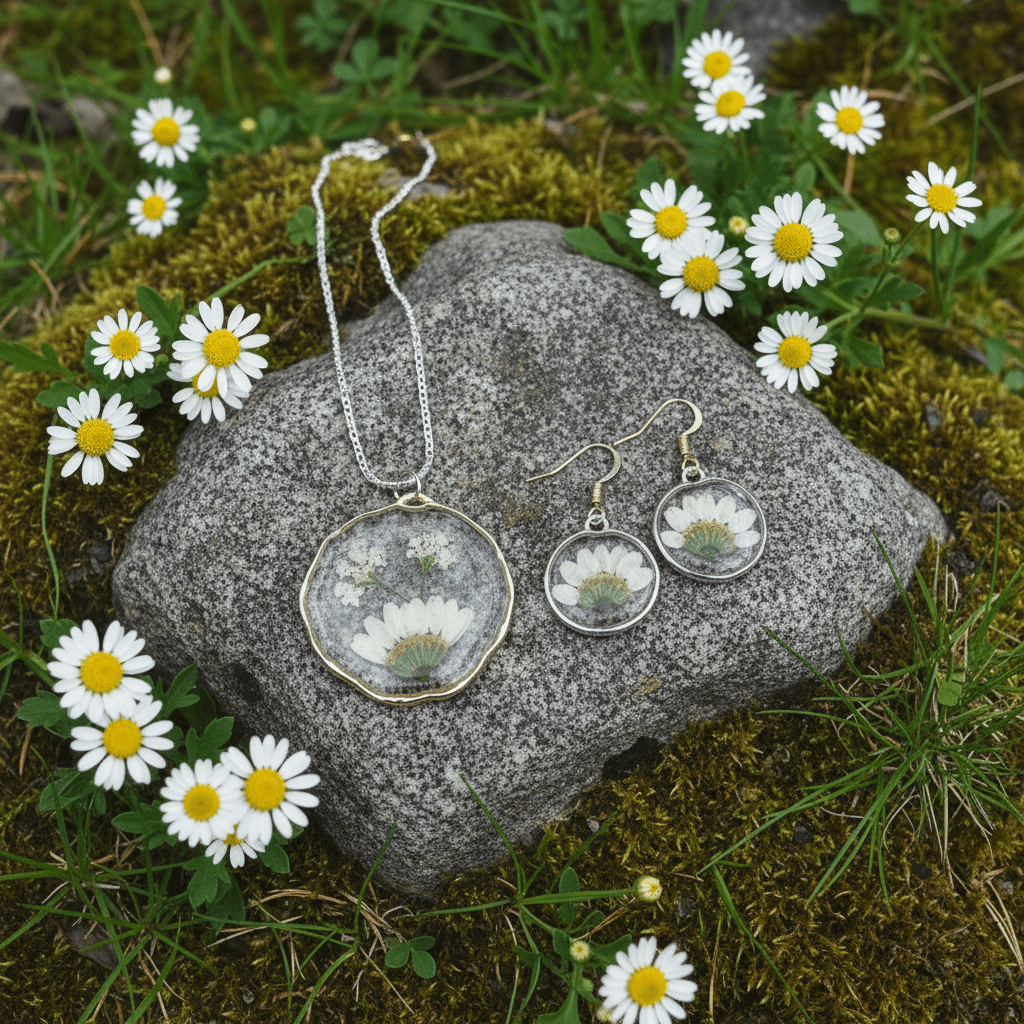 Daisy Resin Jewelry Set – Pressed Flower Necklace & Earrings - The Glossy Gift Shop