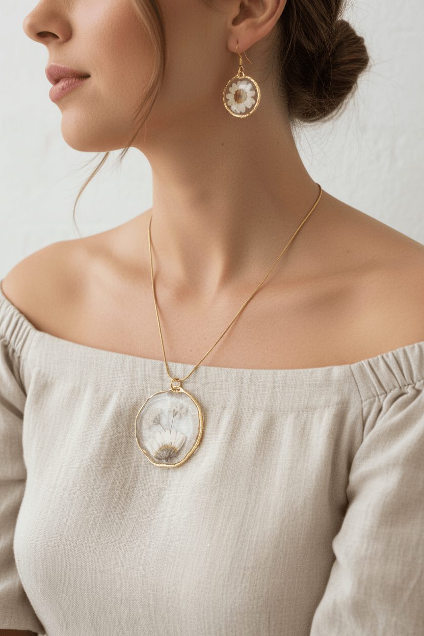 Daisy Resin Jewelry Set – Pressed Flower Necklace & Earrings - The Glossy Gift Shop