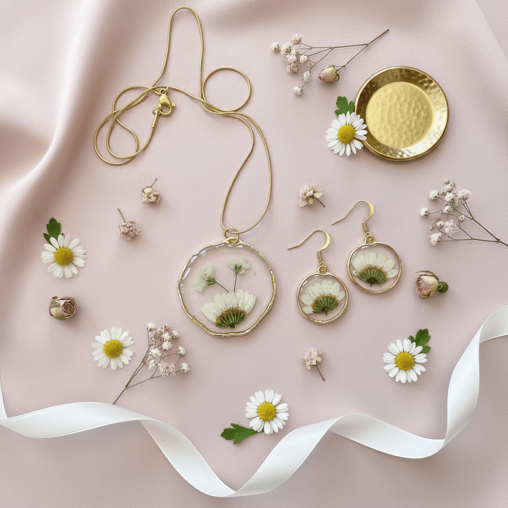 Daisy Resin Jewelry Set – Pressed Flower Necklace & Earrings - The Glossy Gift Shop