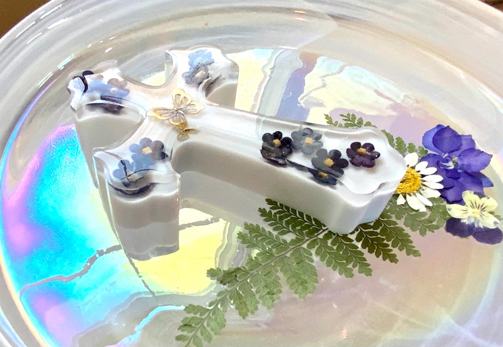 Epoxy Resin Cross with Flowers: Christening Gift