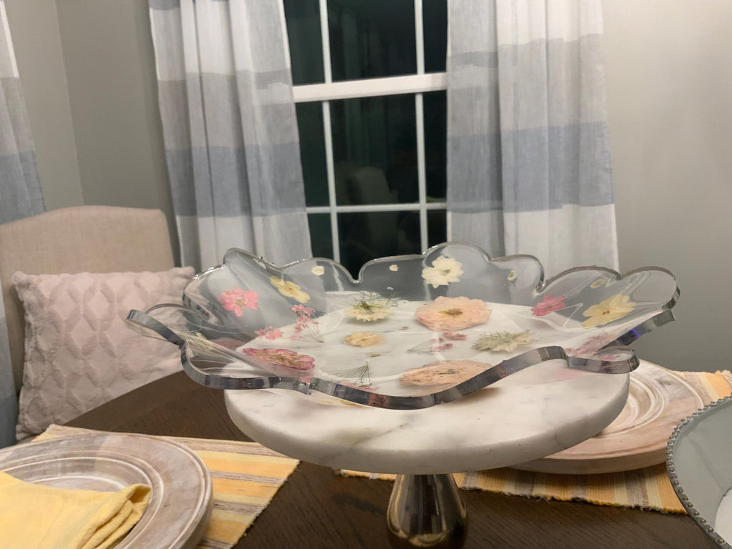 Resin Pressed Flower Bowl: Silver Rimmed Floral Decor