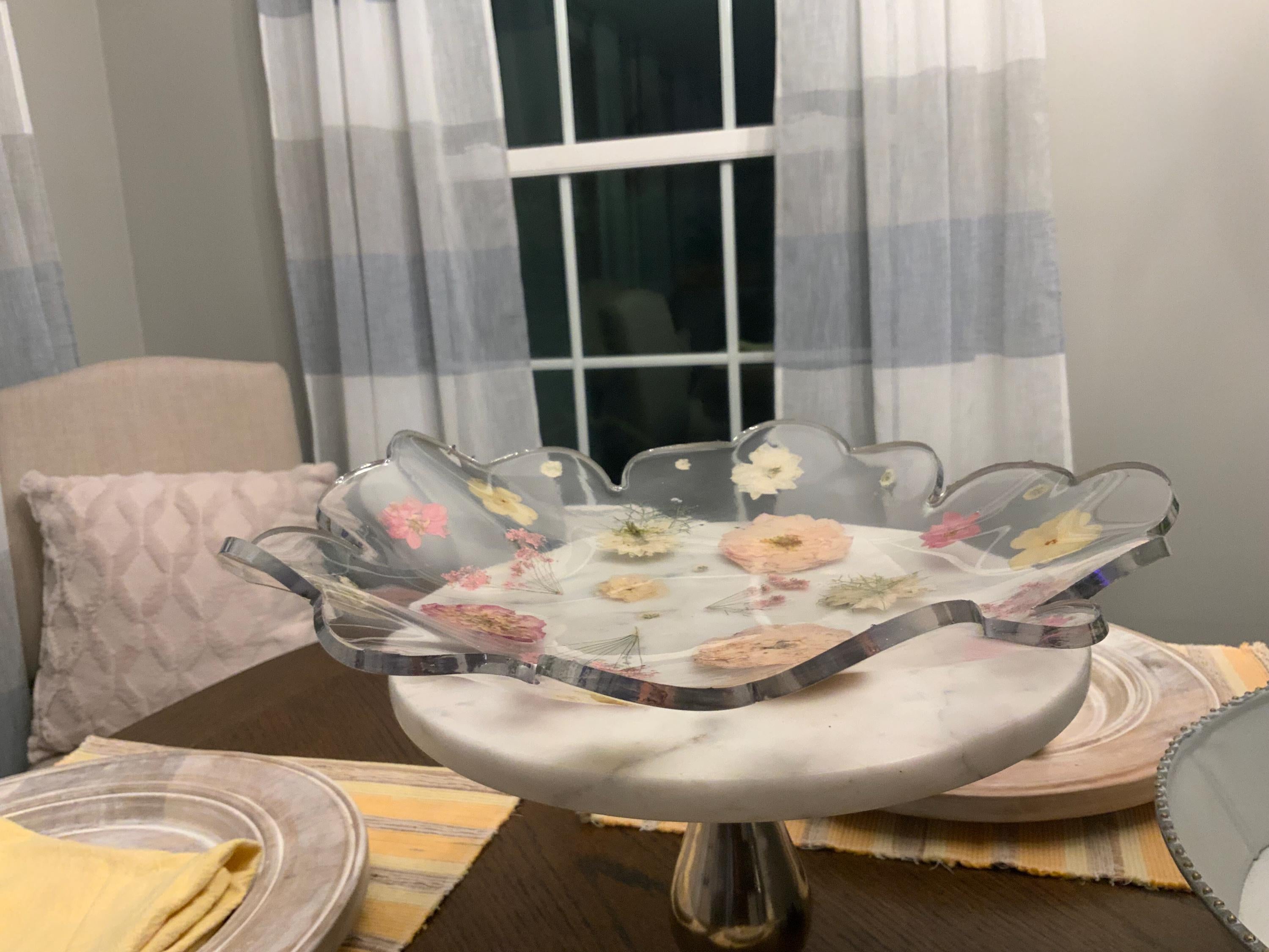 Resin Pressed Flower Bowl: Silver Rimmed Floral Decor