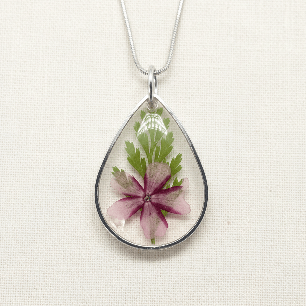 Dianthus Resin Teardrop Necklace – Pressed Flower Pendant - The Glossy Gift Shop