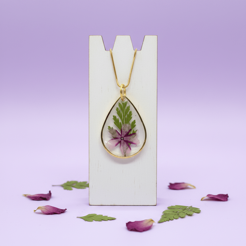 Dianthus Resin Teardrop Necklace – Pressed Flower Pendant - The Glossy Gift Shop
