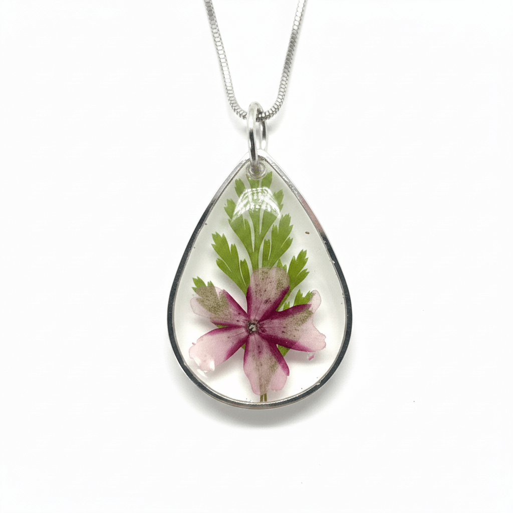 Dianthus Resin Teardrop Necklace – Pressed Flower Pendant - The Glossy Gift Shop