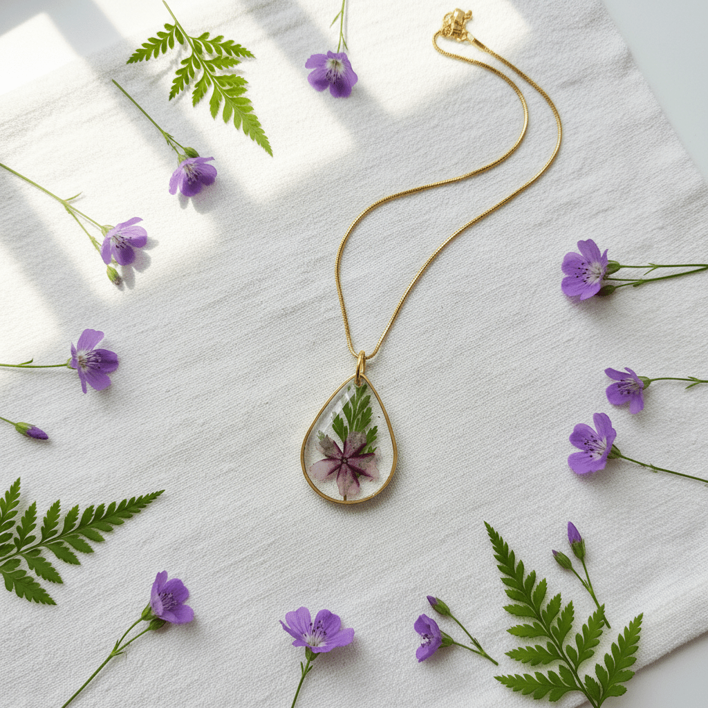 Dianthus Resin Teardrop Necklace – Pressed Flower Pendant - The Glossy Gift Shop
