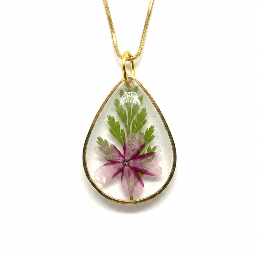 Dianthus Resin Teardrop Necklace – Pressed Flower Pendant - The Glossy Gift Shop
