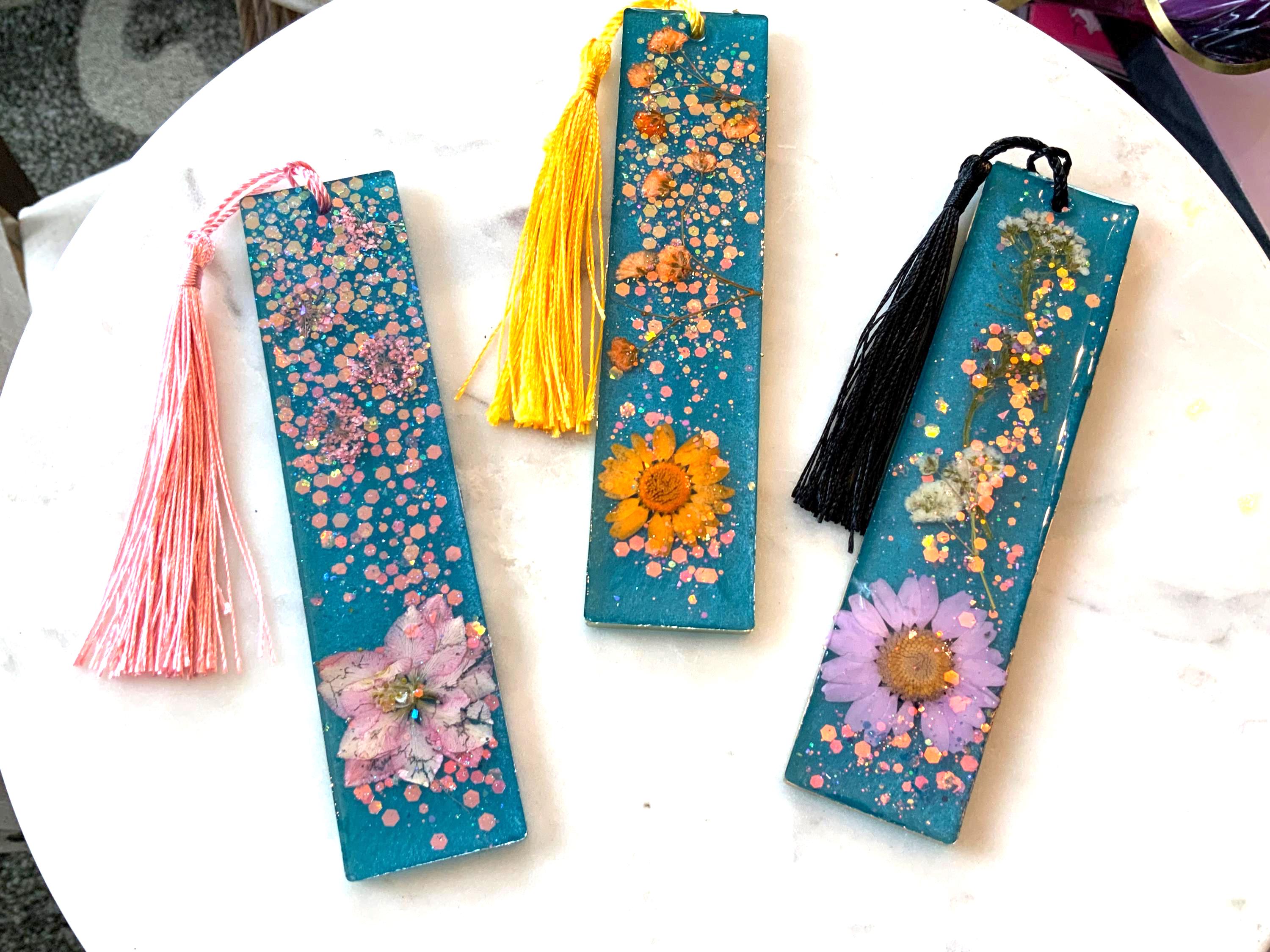 Handmade Teal Floral Resin Bookmark Set — Unique Book Lover Gift