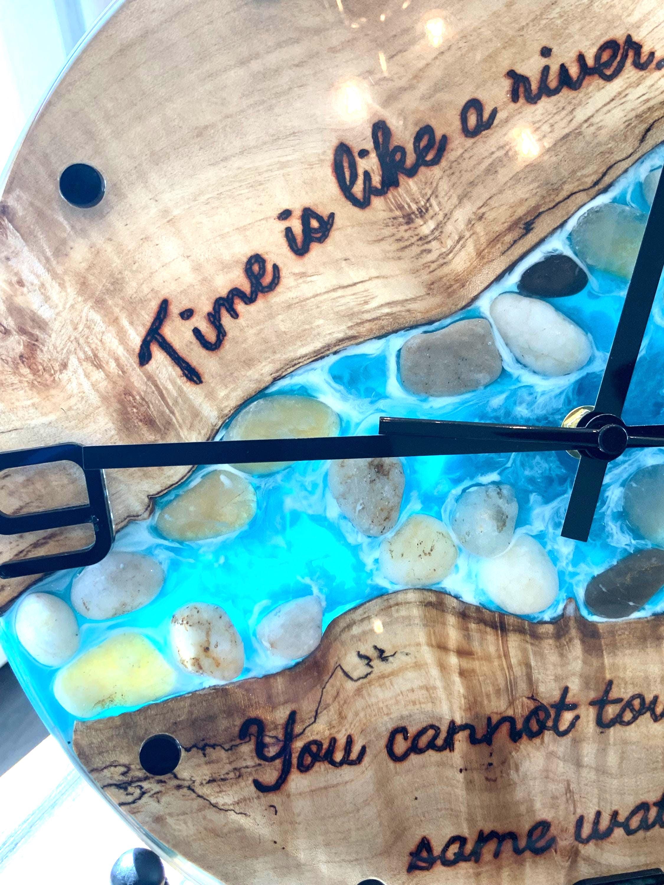 Black Walnut River Clock: Epoxy Resin Wood Art, Hand Burned