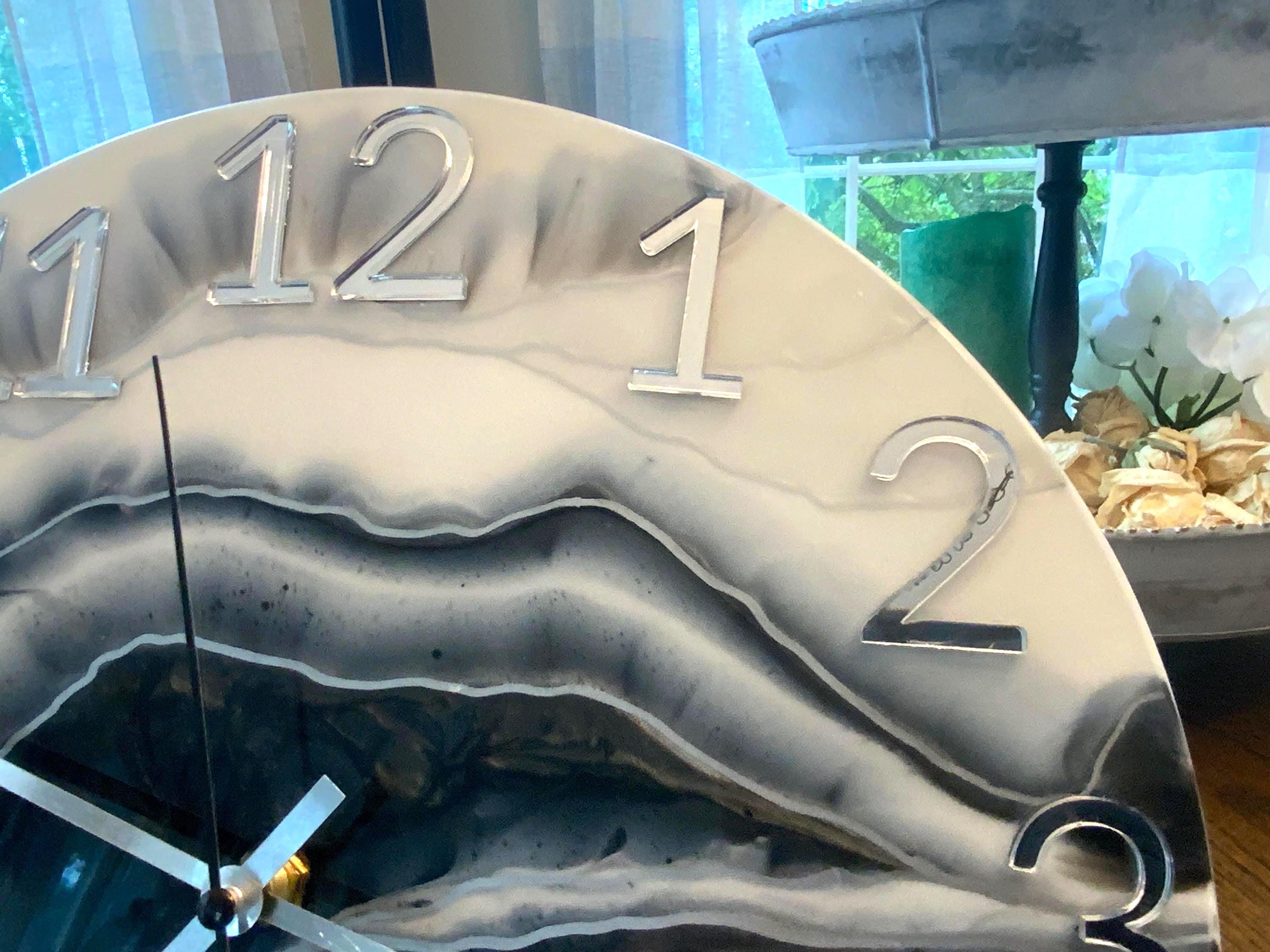 Modern Marbleized Clock: Black, Grey & Silver - 12" Diameter