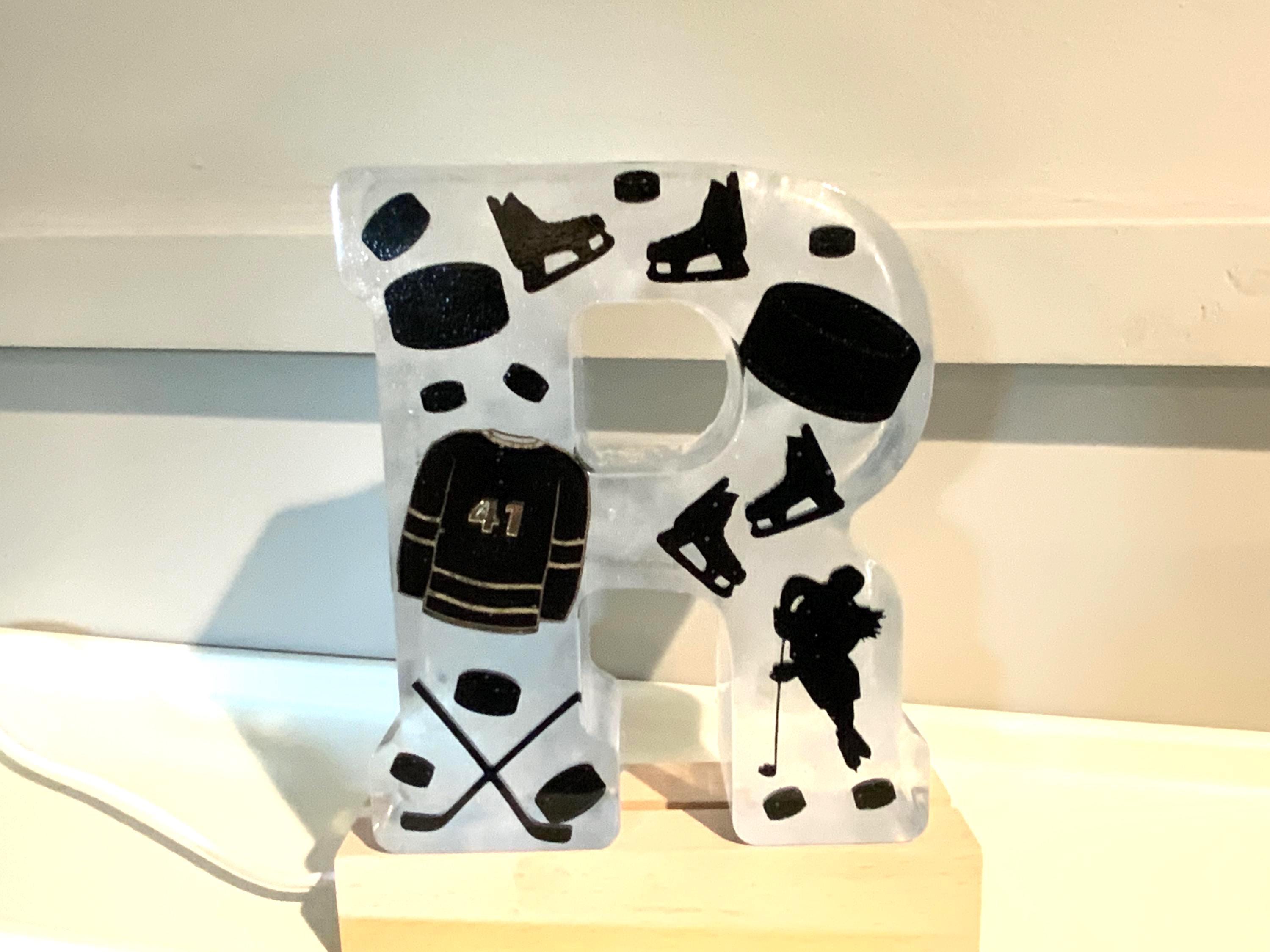 Handmade Resin Lighted Letter – Ice Hockey Theme, Sports Fan Gift