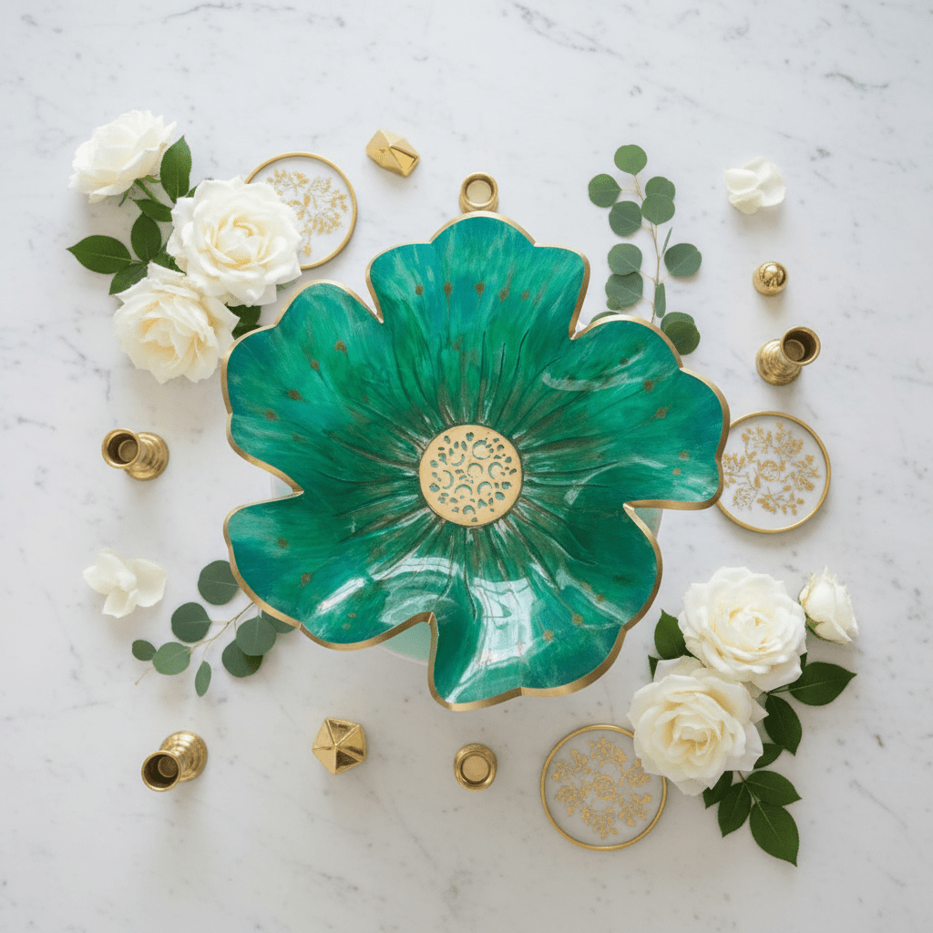 Emerald Green Resin Bowl – Gold Accent Handmade Decor - The Glossy Gift Shop