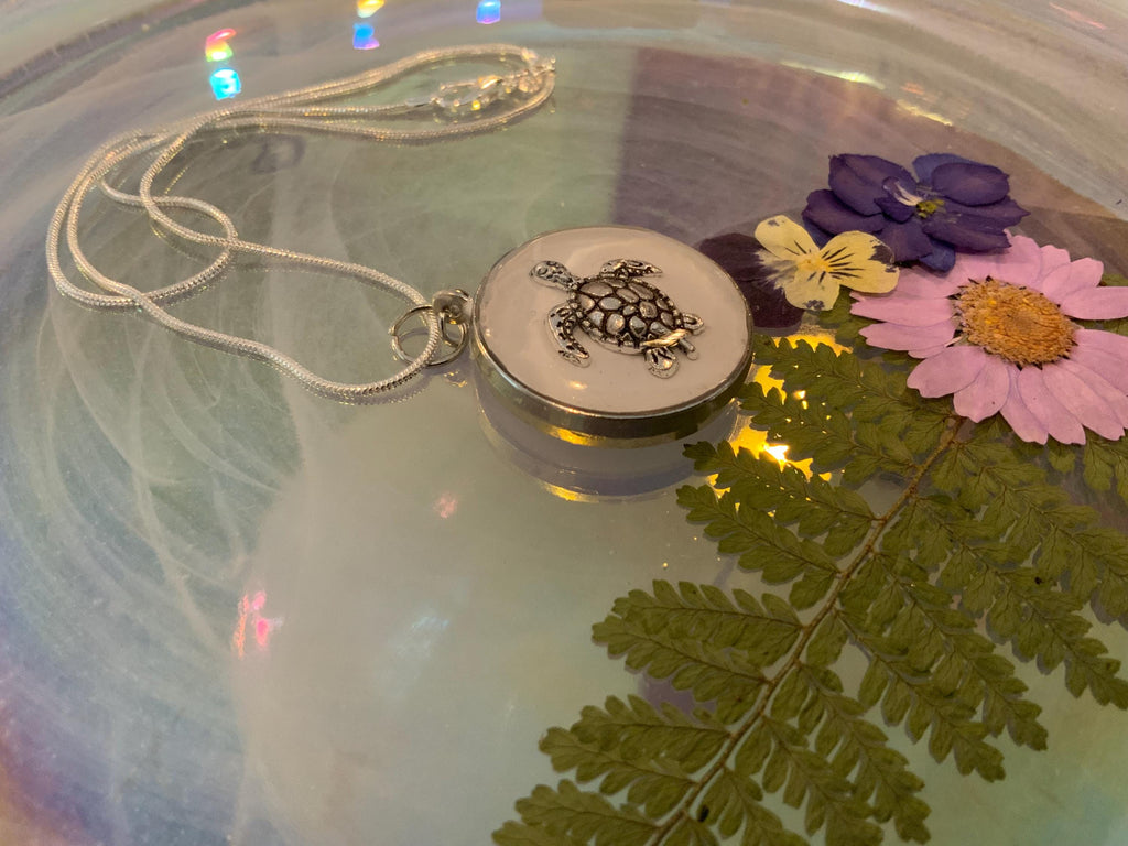 White Turtle Pendant with Silver Snake Chain