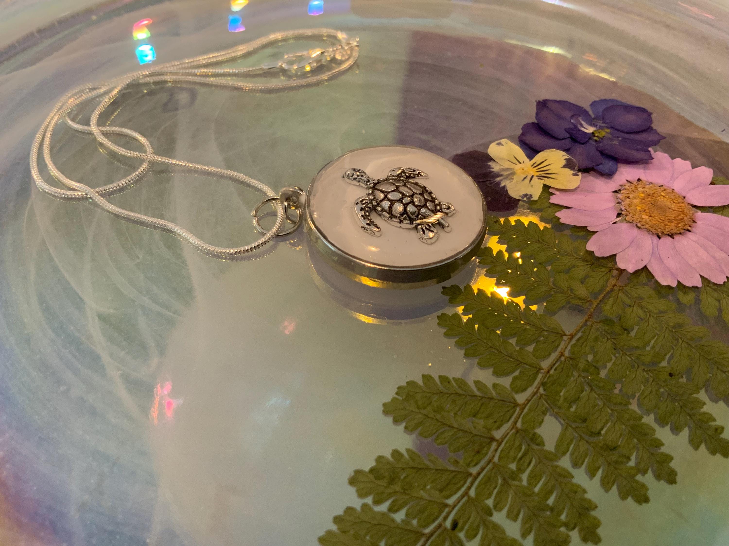 White Turtle Pendant with Silver Snake Chain