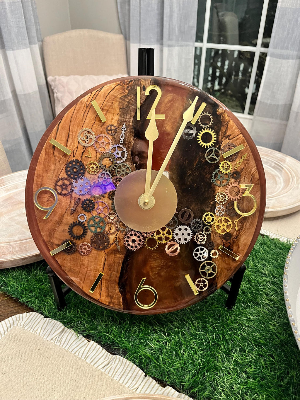 Resin Black Walnut Gears Clock: Gold Accents, Modern Decor (12 inch)