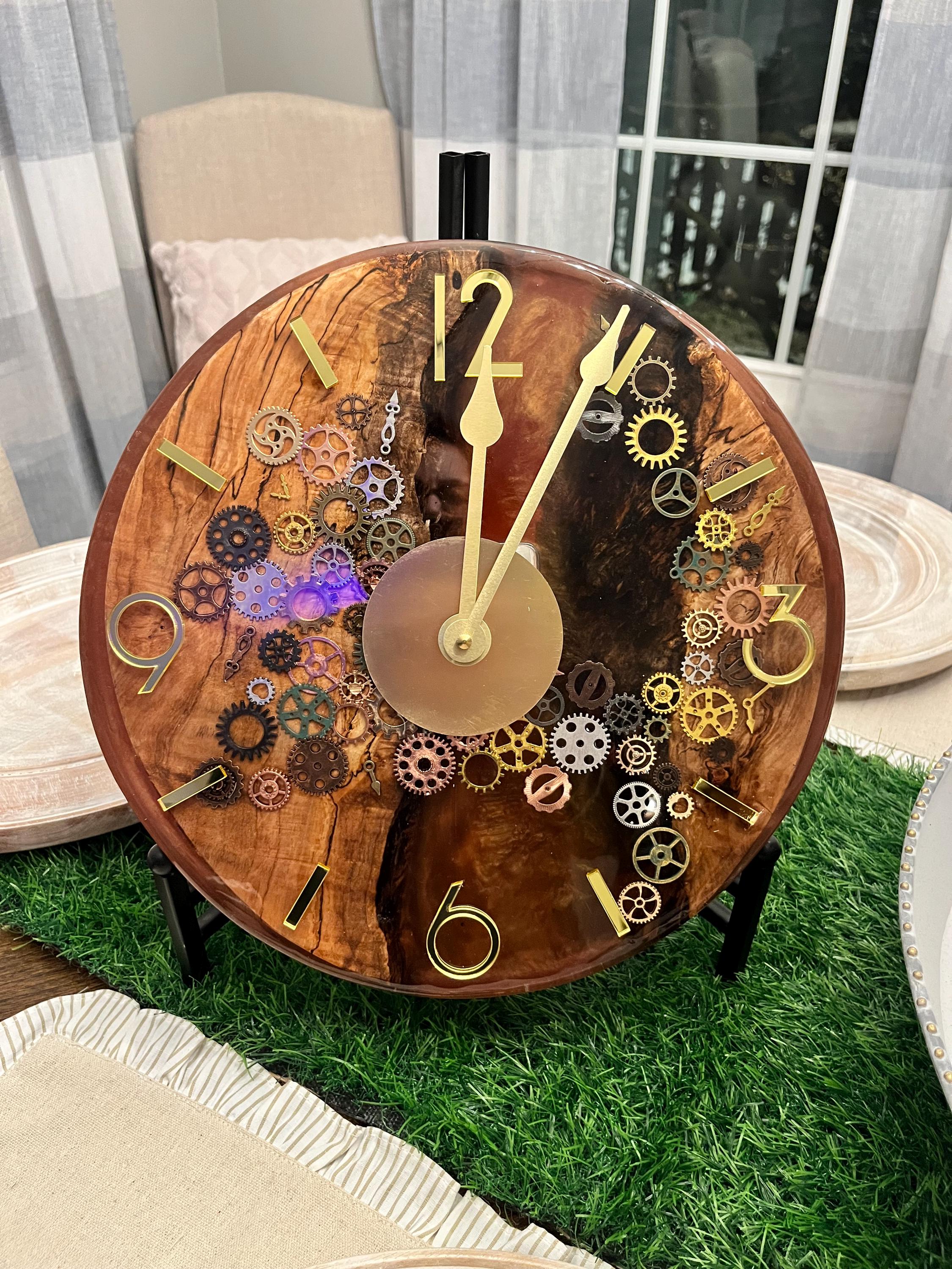 Resin Black Walnut Gears Clock: Gold Accents, Modern Decor (12 inch)
