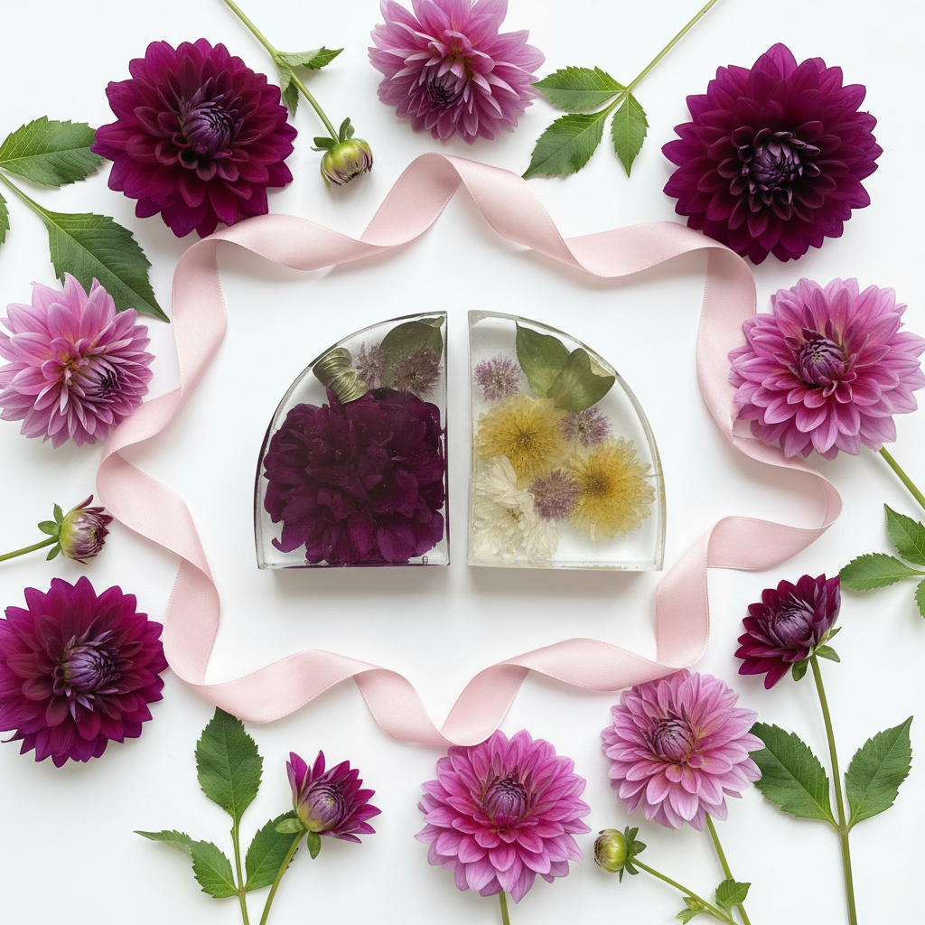 Flat lay bookends with dahlias on white