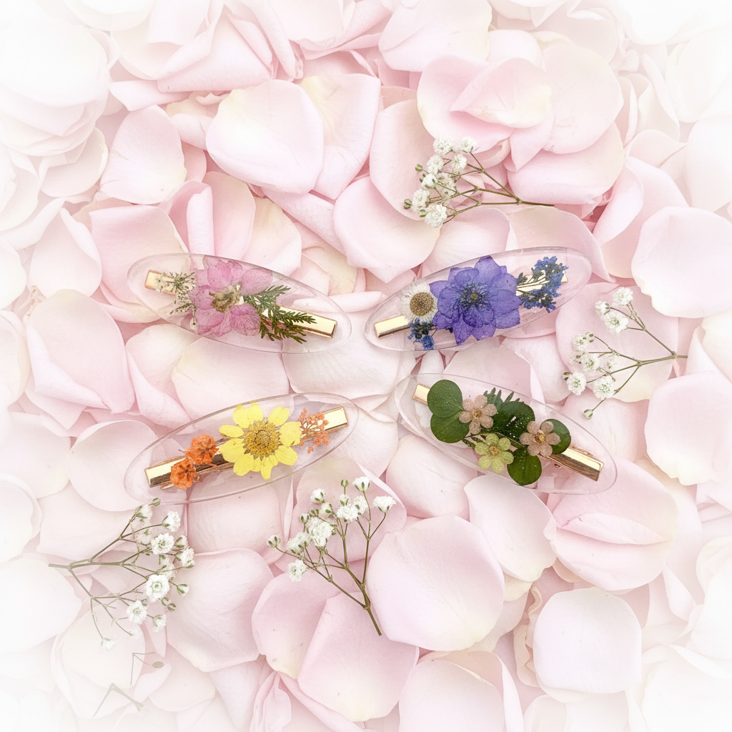 Floral Hair Clips on Rose Petal Background