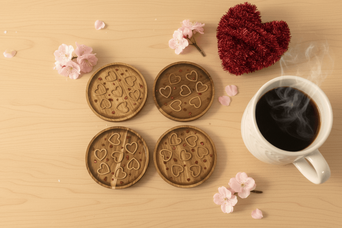 Floral Heart Resin Coaster Set – Handmade Set of 4 - The Glossy Gift Shop