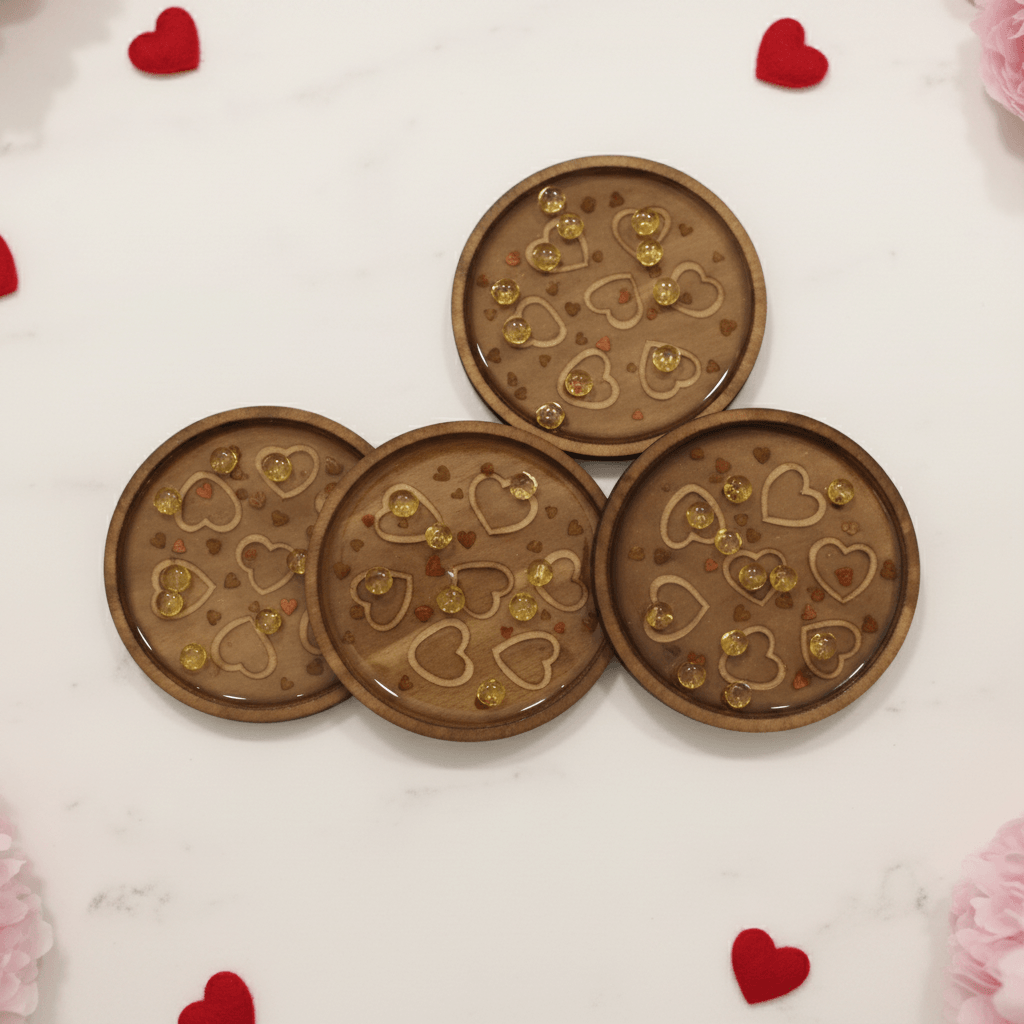 Floral Heart Resin Coaster Set – Handmade Set of 4 - The Glossy Gift Shop