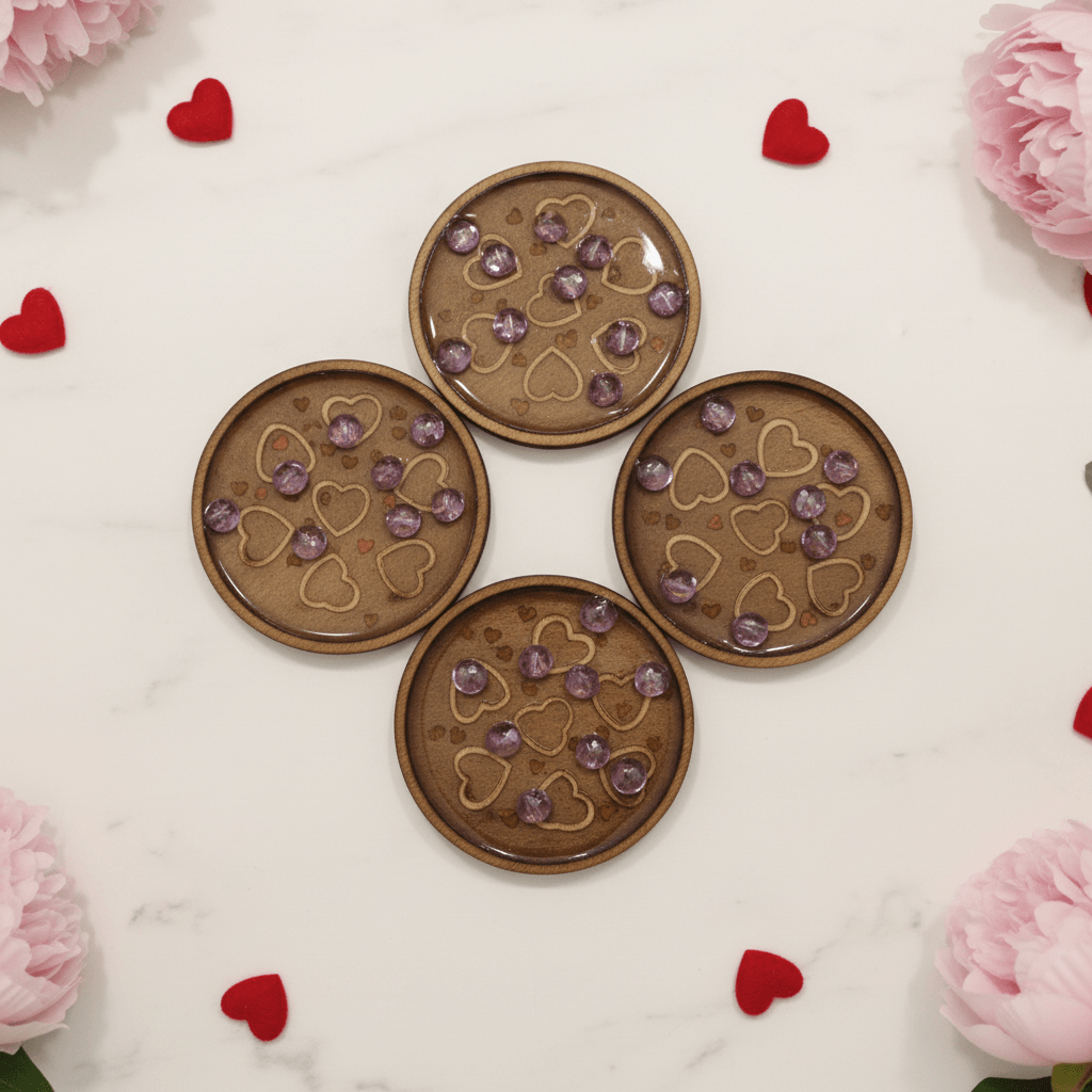 Floral Heart Resin Coaster Set – Handmade Set of 4 - The Glossy Gift Shop