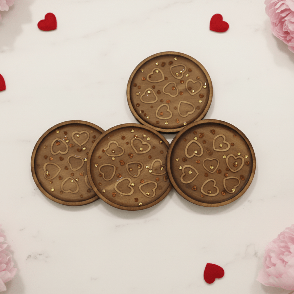 Floral Heart Resin Coaster Set – Handmade Set of 4 - The Glossy Gift Shop