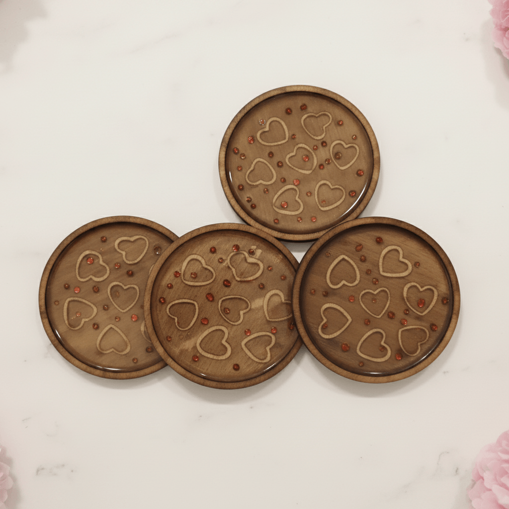 Floral Heart Resin Coaster Set – Handmade Set of 4 - The Glossy Gift Shop