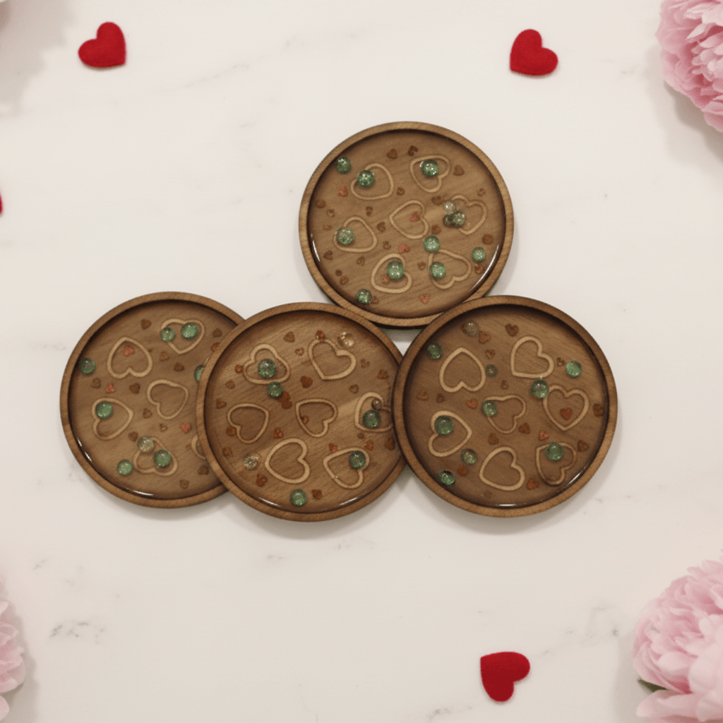 Floral Heart Resin Coaster Set – Handmade Set of 4 - The Glossy Gift Shop