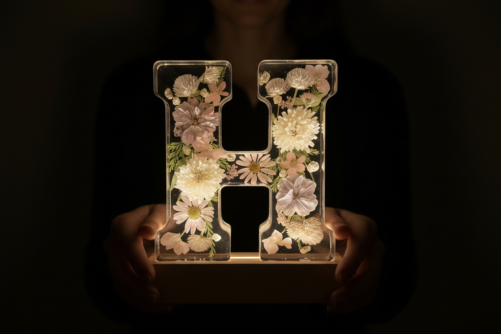 Floral Lighted Letter - Woman Holding Glowing Letter