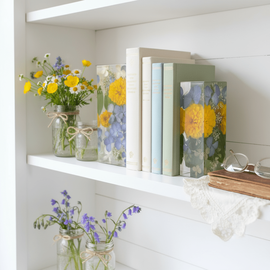 Floral Resin Bookends – Handmade Decorative Bookshelf Pair - The Glossy Gift Shop
