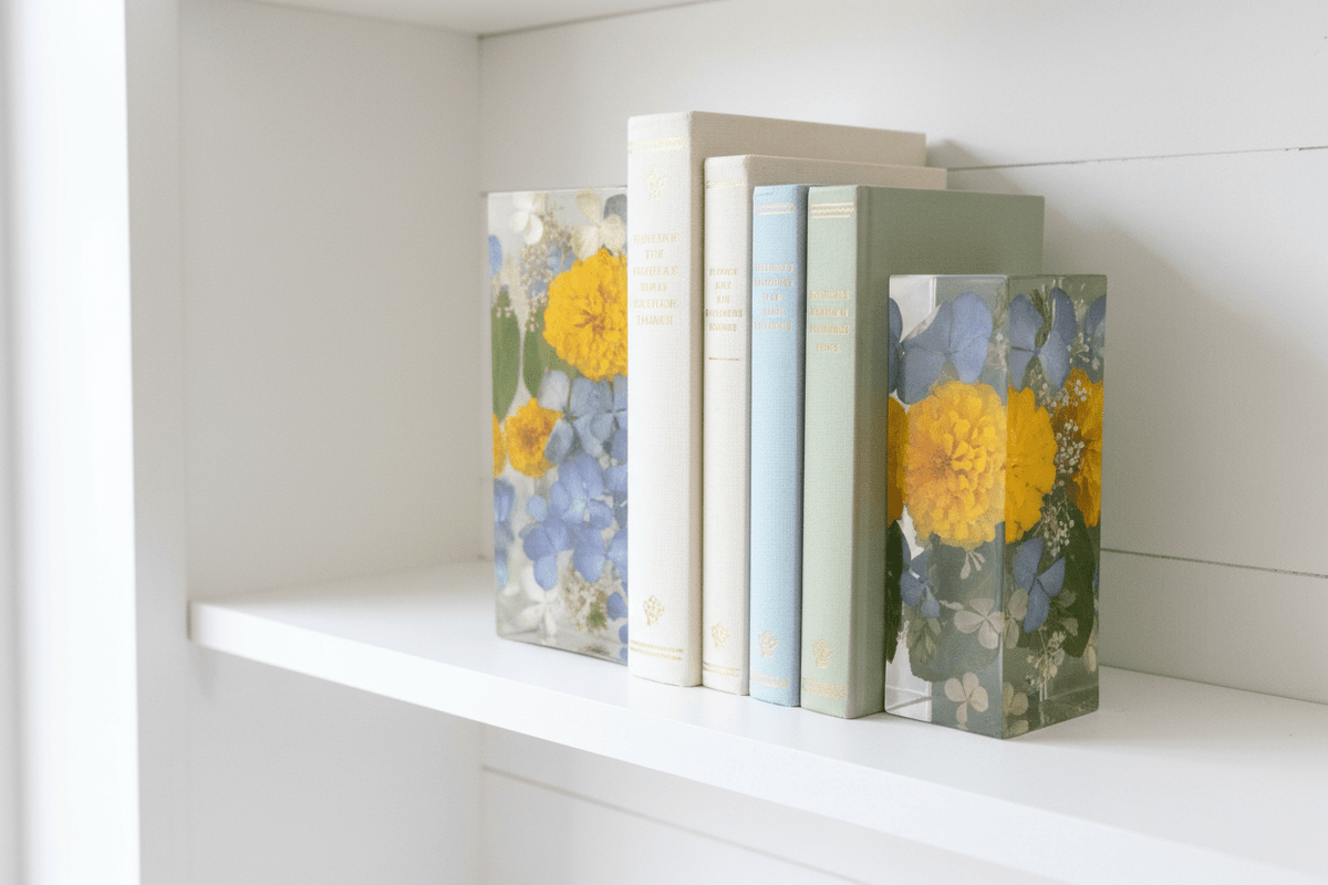 Floral Resin Bookends – Handmade Decorative Bookshelf Pair - The Glossy Gift Shop