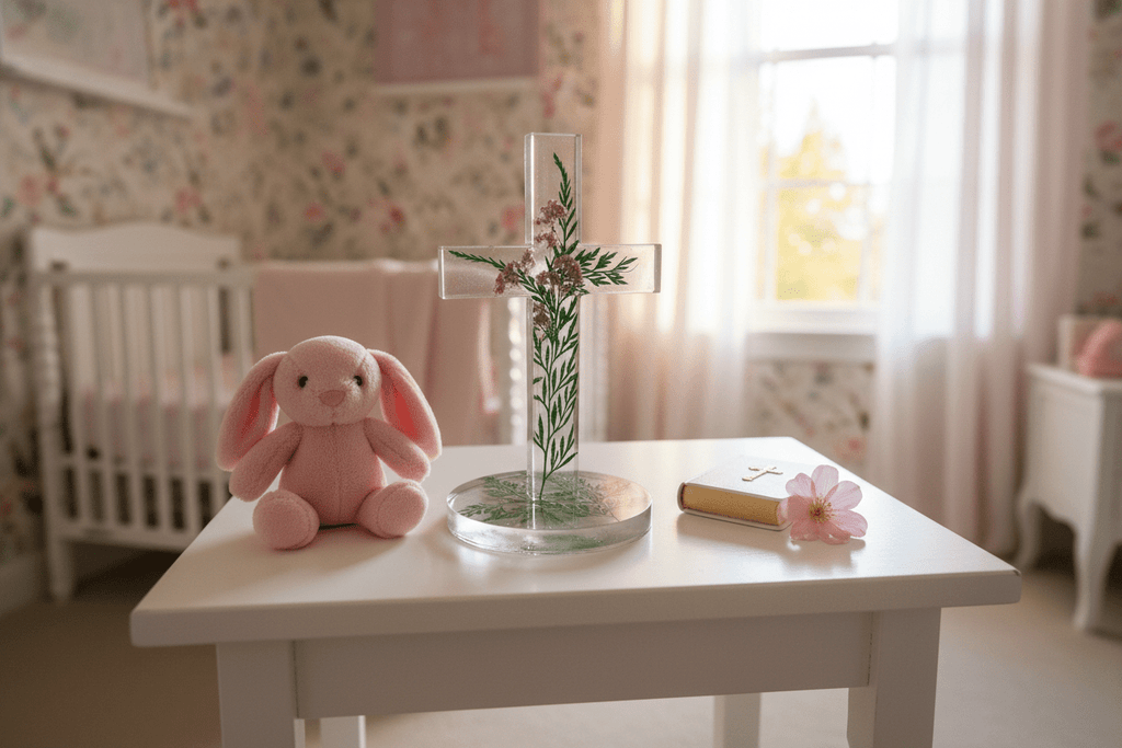 Floral Resin Standing Cross – Christening & Nursery Decor - The Glossy Gift Shop
