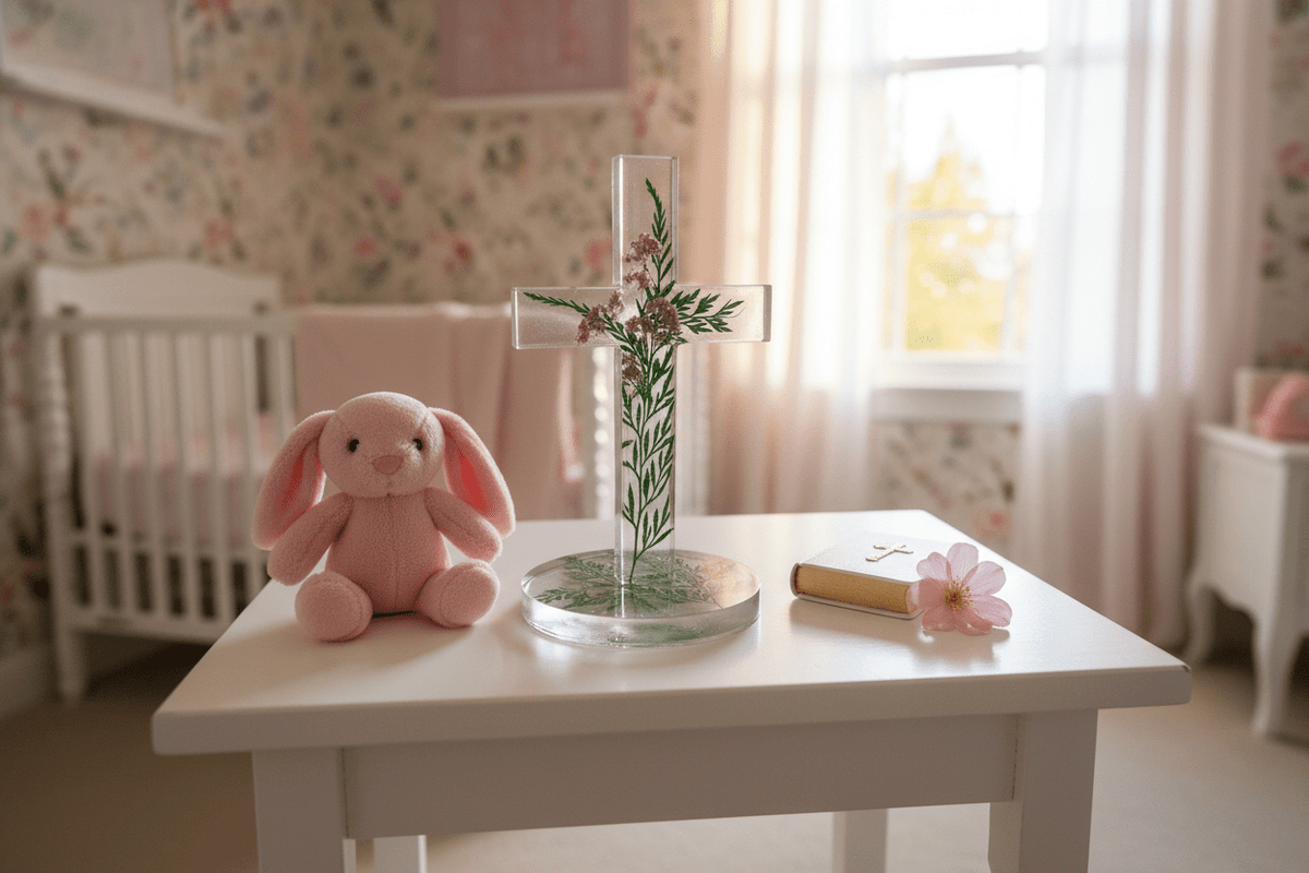 Floral Resin Standing Cross – Christening & Nursery Decor - The Glossy Gift Shop