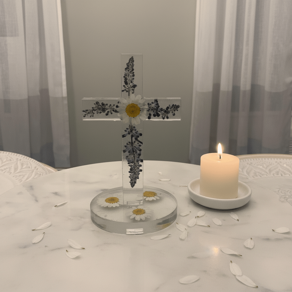 Floral Resin Standing Cross – Christening & Nursery Decor - The Glossy Gift Shop