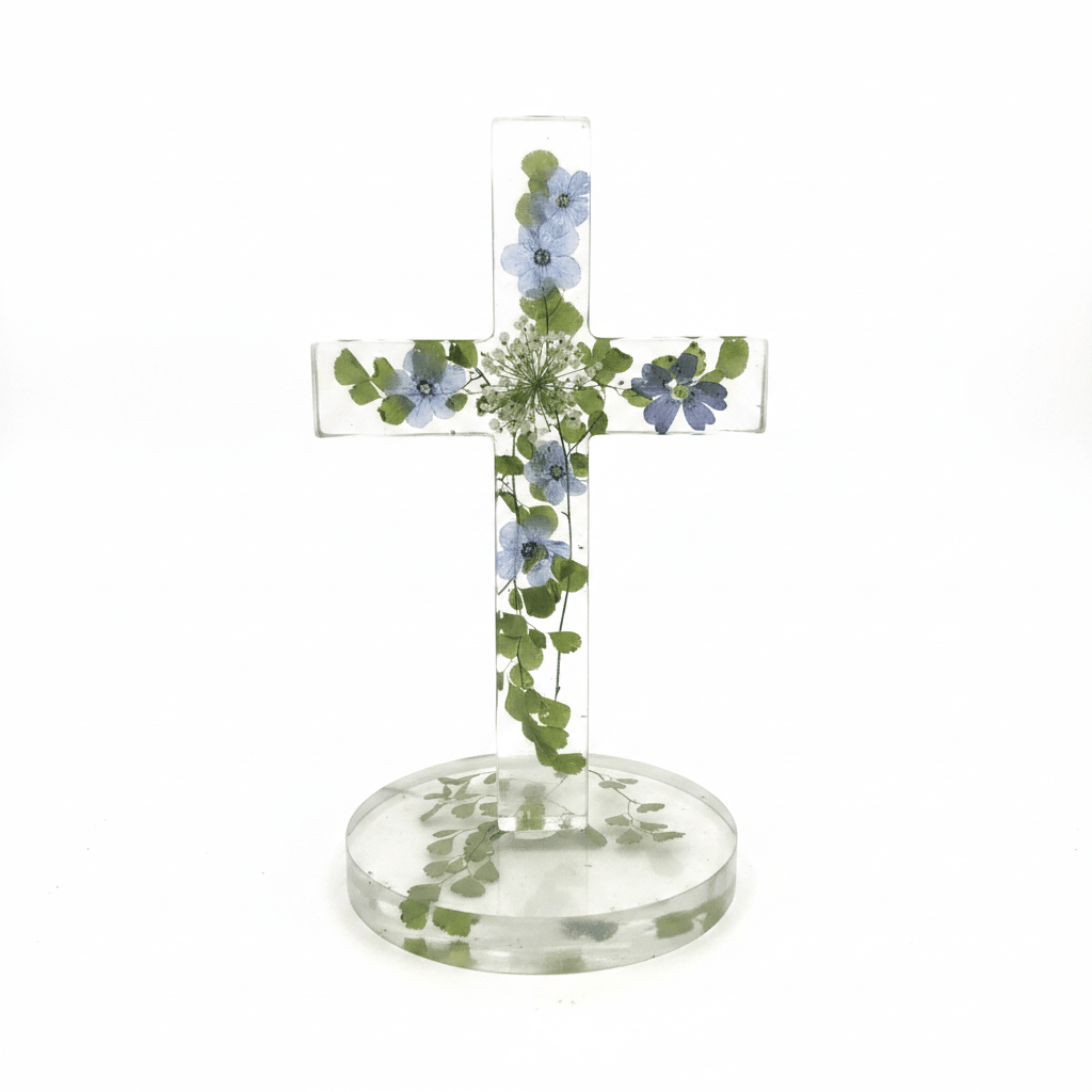 Floral Resin Standing Cross – Christening & Nursery Decor - The Glossy Gift Shop
