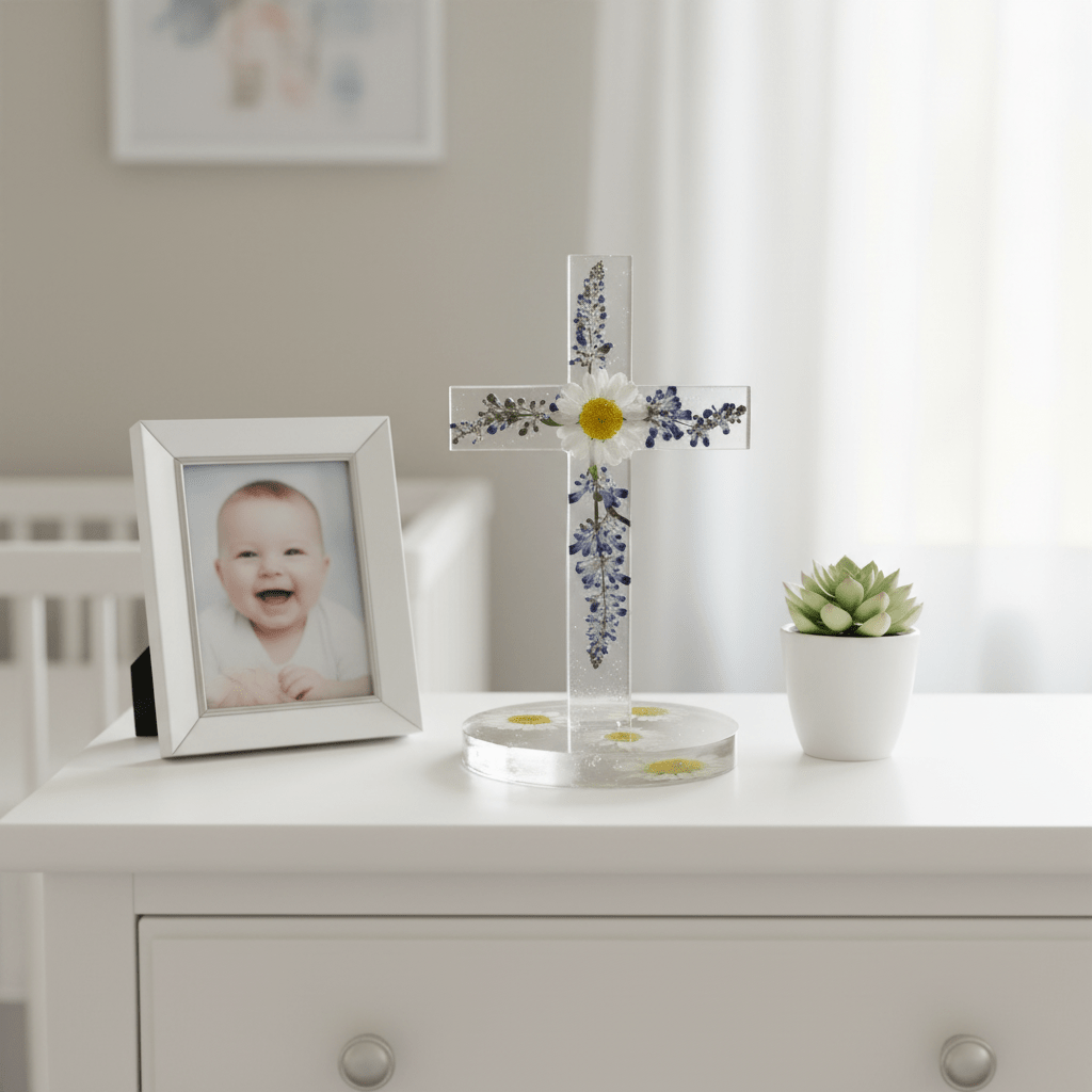 Floral Resin Standing Cross – Christening & Nursery Decor - The Glossy Gift Shop
