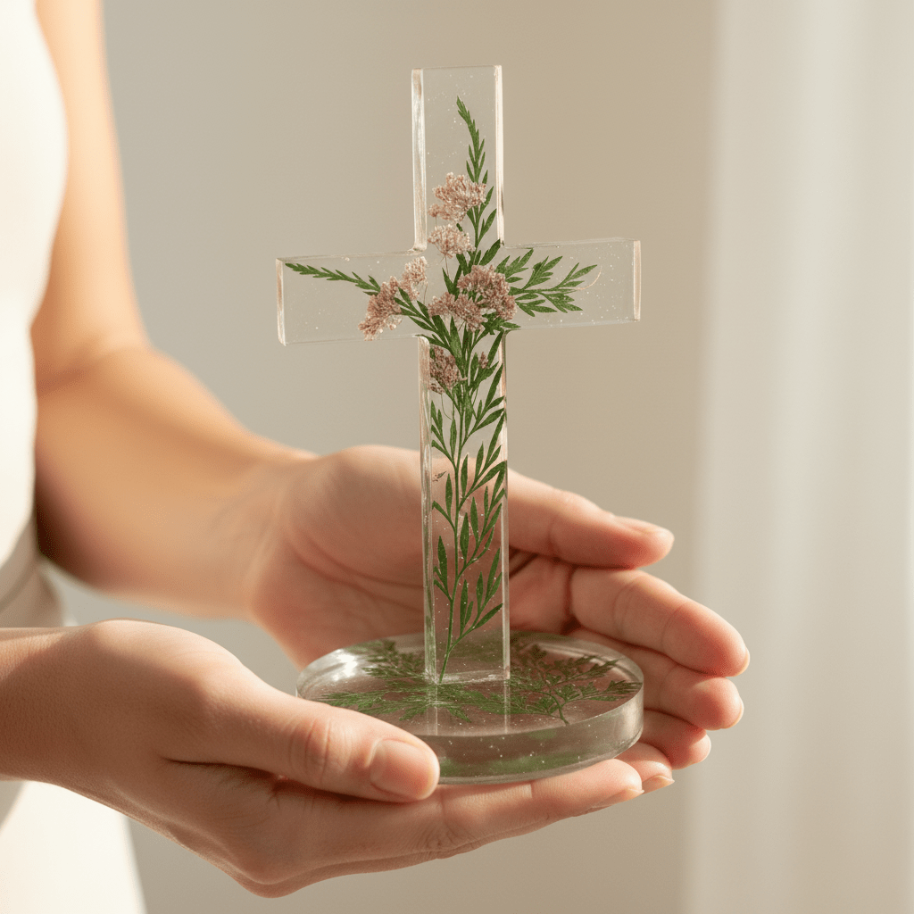Floral Resin Standing Cross – Christening & Nursery Decor - The Glossy Gift Shop