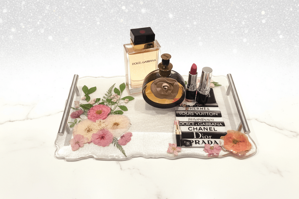 Floral Resin Vanity Tray – Handmade Jewelry & Perfume Organizer - The Glossy Gift Shop