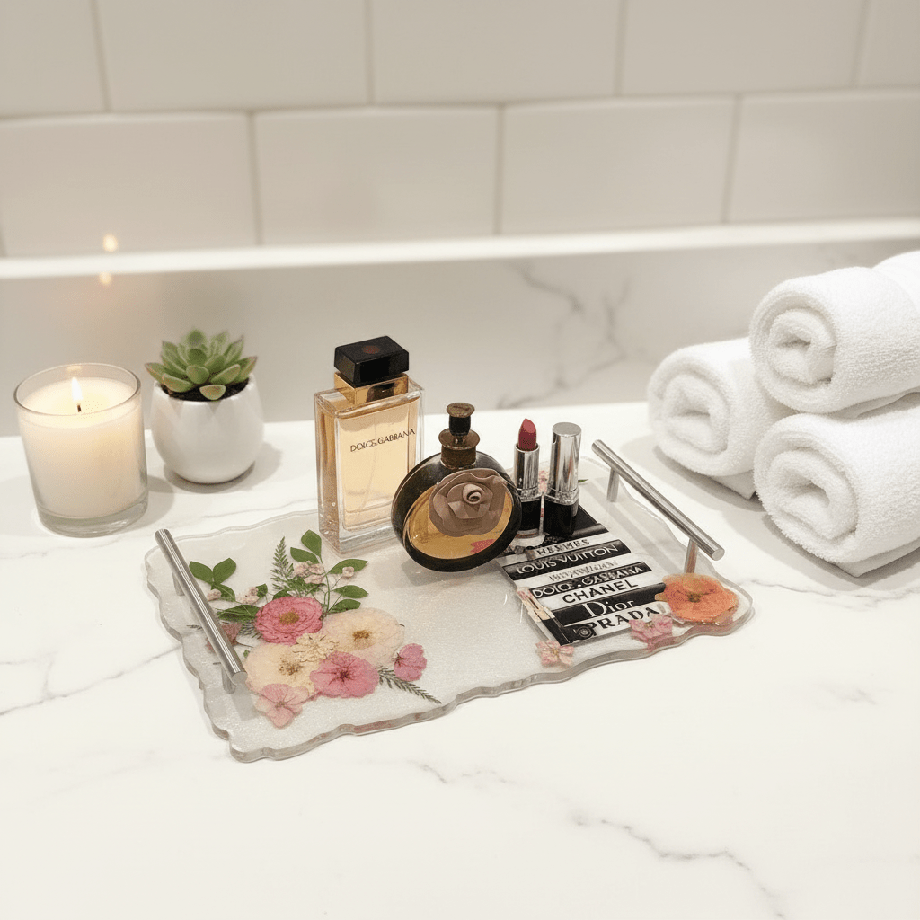 Floral Resin Vanity Tray – Handmade Jewelry & Perfume Organizer - The Glossy Gift Shop