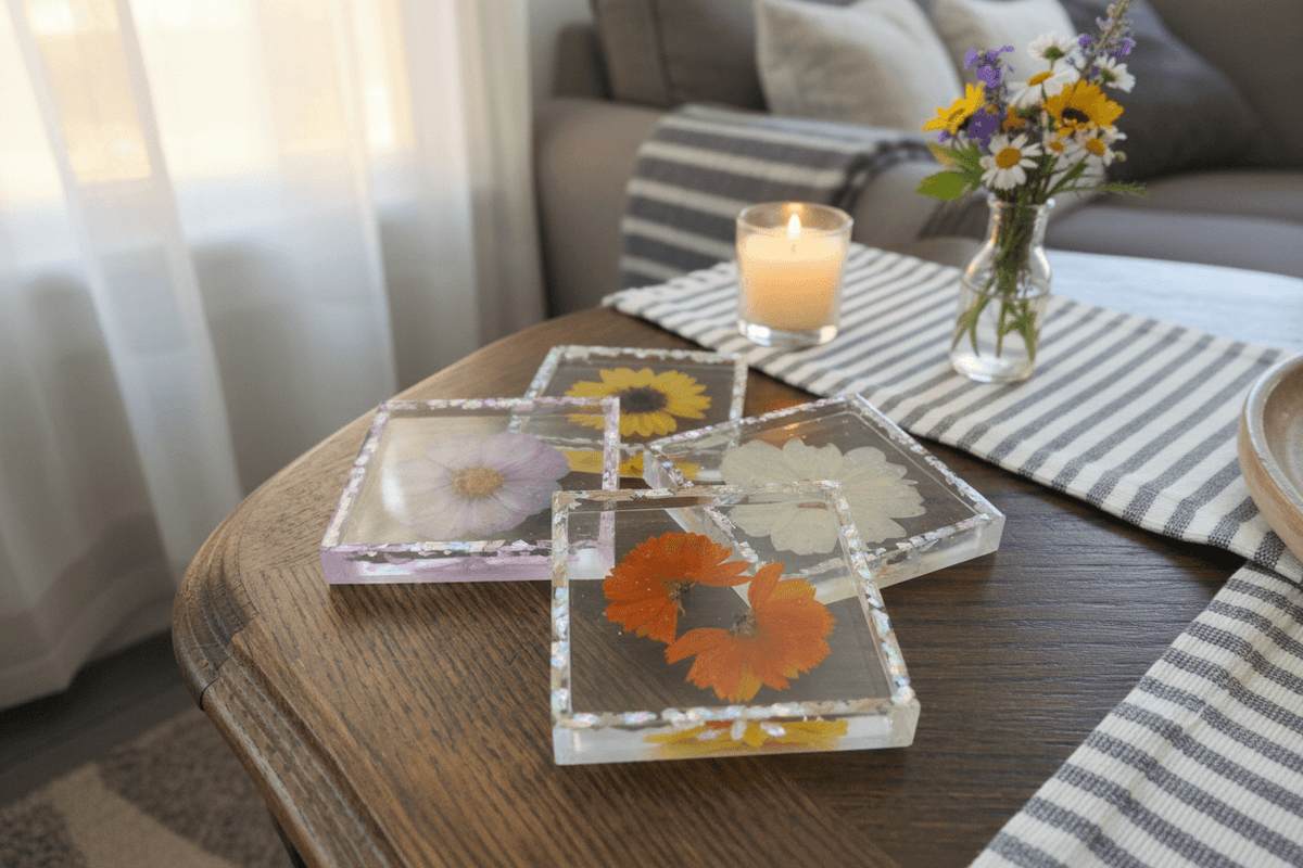 Garden Bloom Resin Coaster Set – Pressed Flower Set of 4 - The Glossy Gift Shop
