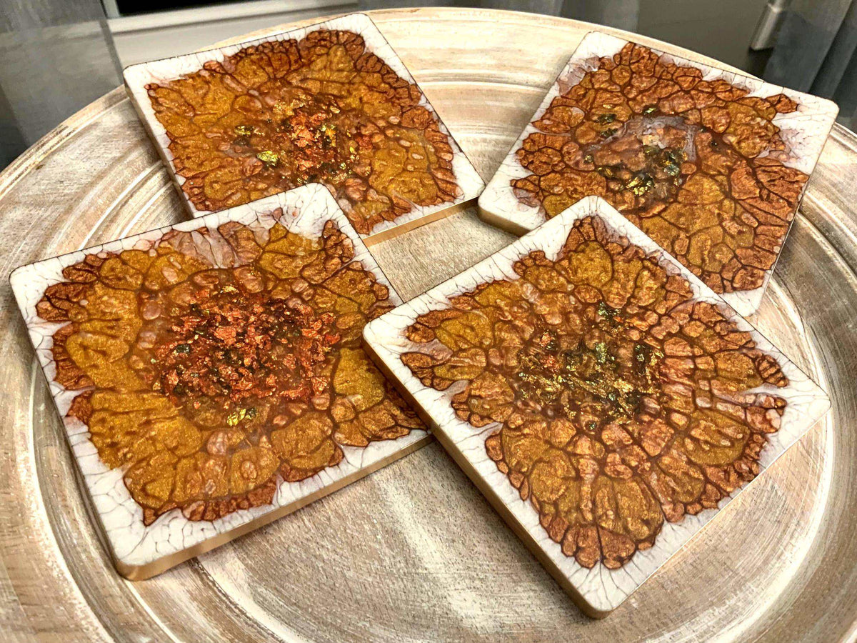 Gold, Green & Teal Resin Coasters – Handmade Set of 4 - The Glossy Gift Shop