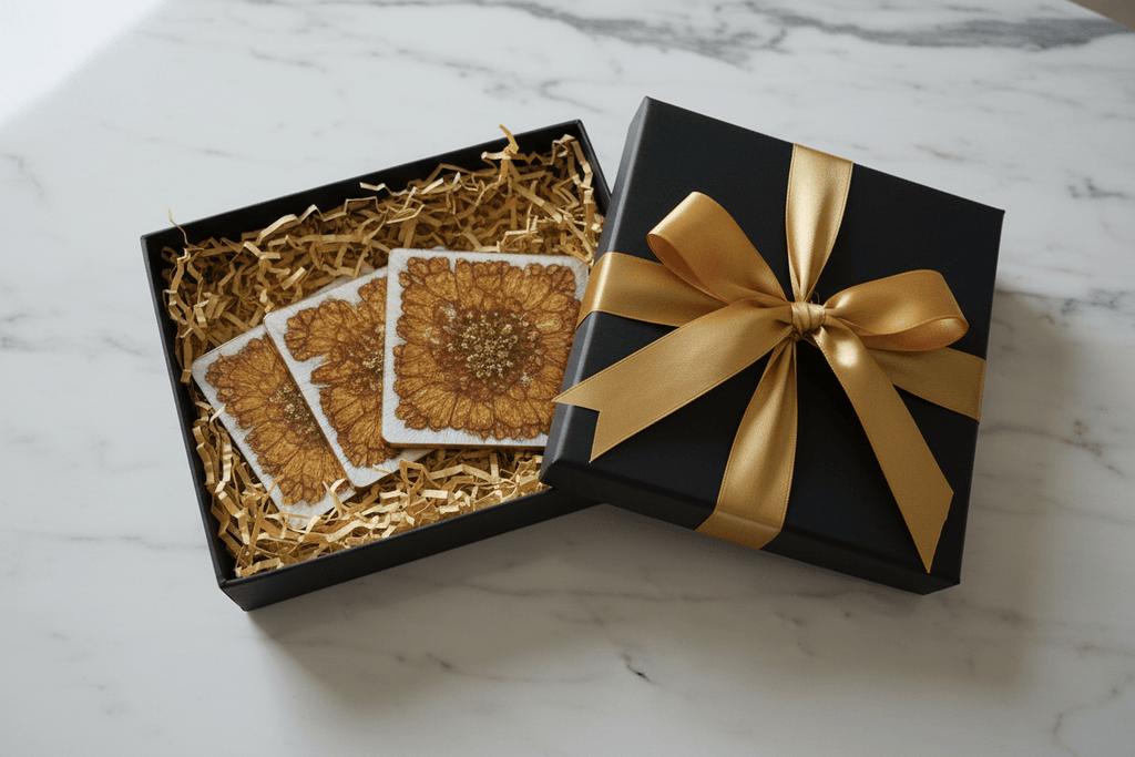 Gold, Green & Teal Resin Coasters – Handmade Set of 4 - The Glossy Gift Shop