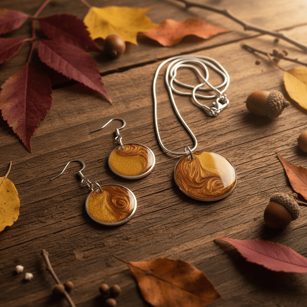 Golden Brown Swirl Resin Jewelry Set – Handmade Necklace & Earrings - The Glossy Gift Shop