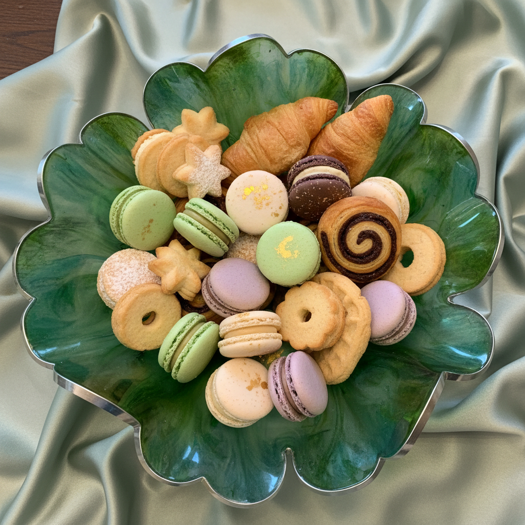 Green Bowl Top Down with Pastries on Silk
