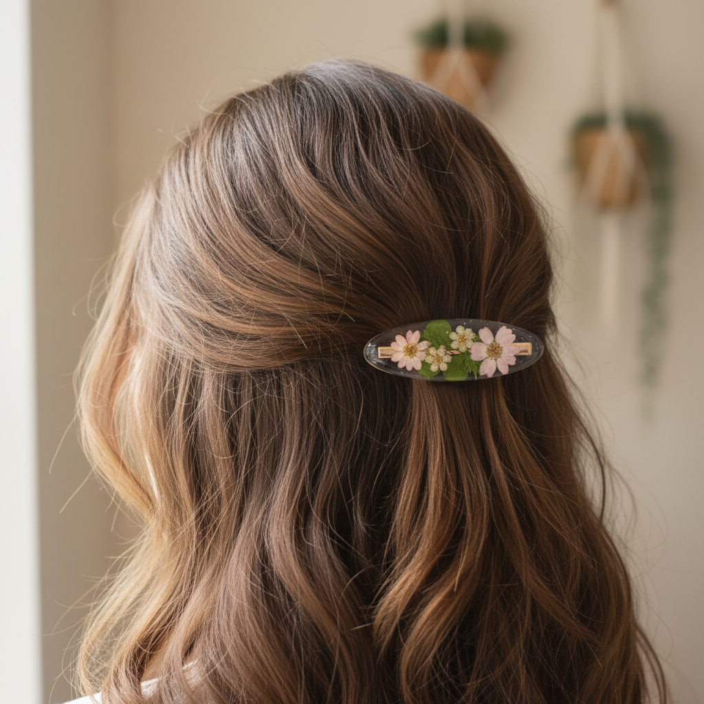 Green Floral Hair Clip on Model